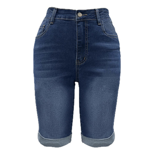 Womens Mid Rise Roll Cuff Stretch Denim Jean Shorts, Dark Blue