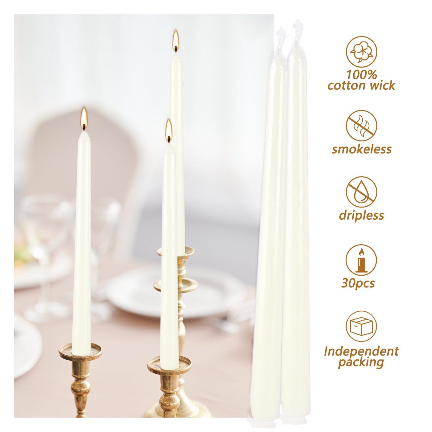Ivory Taper Candles 10 inch(H) Dripless 30 Units