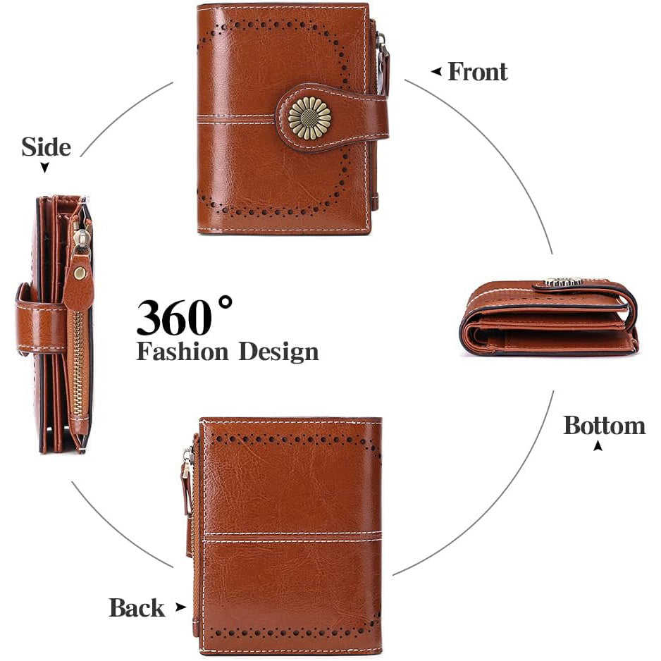Small Womens Wallet Leather Bifold Card Holder RFID Blocking, Brown