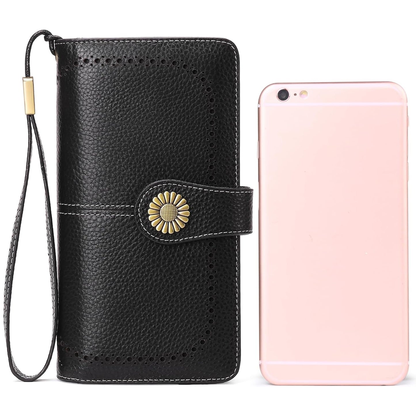 Leather Credit Card Holder with RFID Blocking Large Capacity Wristlet, Black