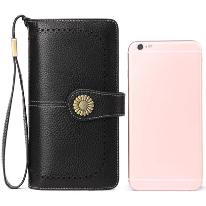 Leather Credit Card Holder with RFID Blocking Large Capacity Wristlet, Black