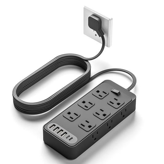 5ft Power Strip Surge Protector with 12 AC Outlets 6 USB Ports, Black