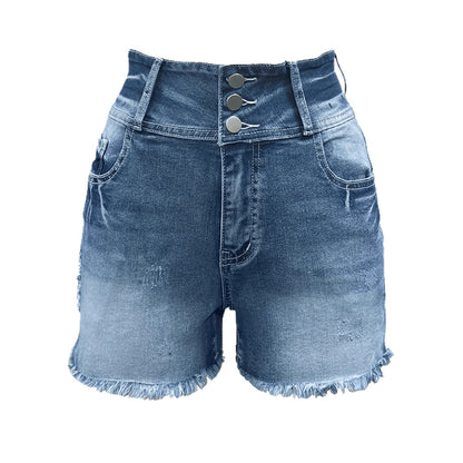 Women's Button Distressed Hem Denim Shorts High Waist, Light Blue