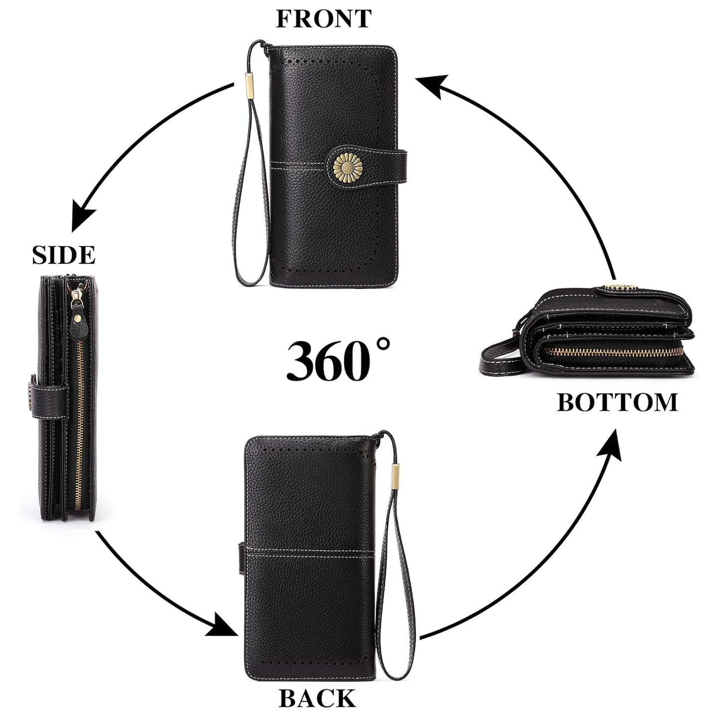 Leather Credit Card Holder with RFID Blocking Large Capacity Wristlet, Black