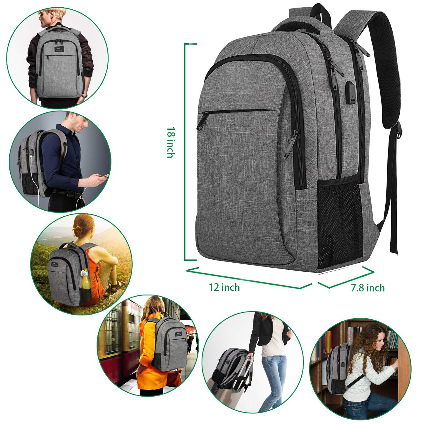Laptops Backpack with USB Charging Port 18 Inch, Gray