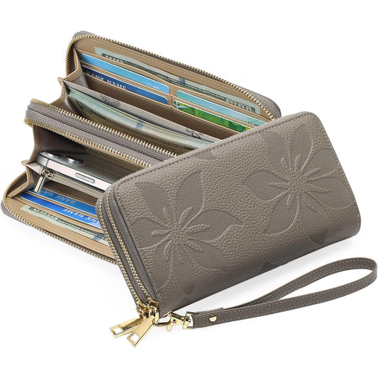 Women's Wallet Zip RFID Blocking Wristlet Leather, Gray