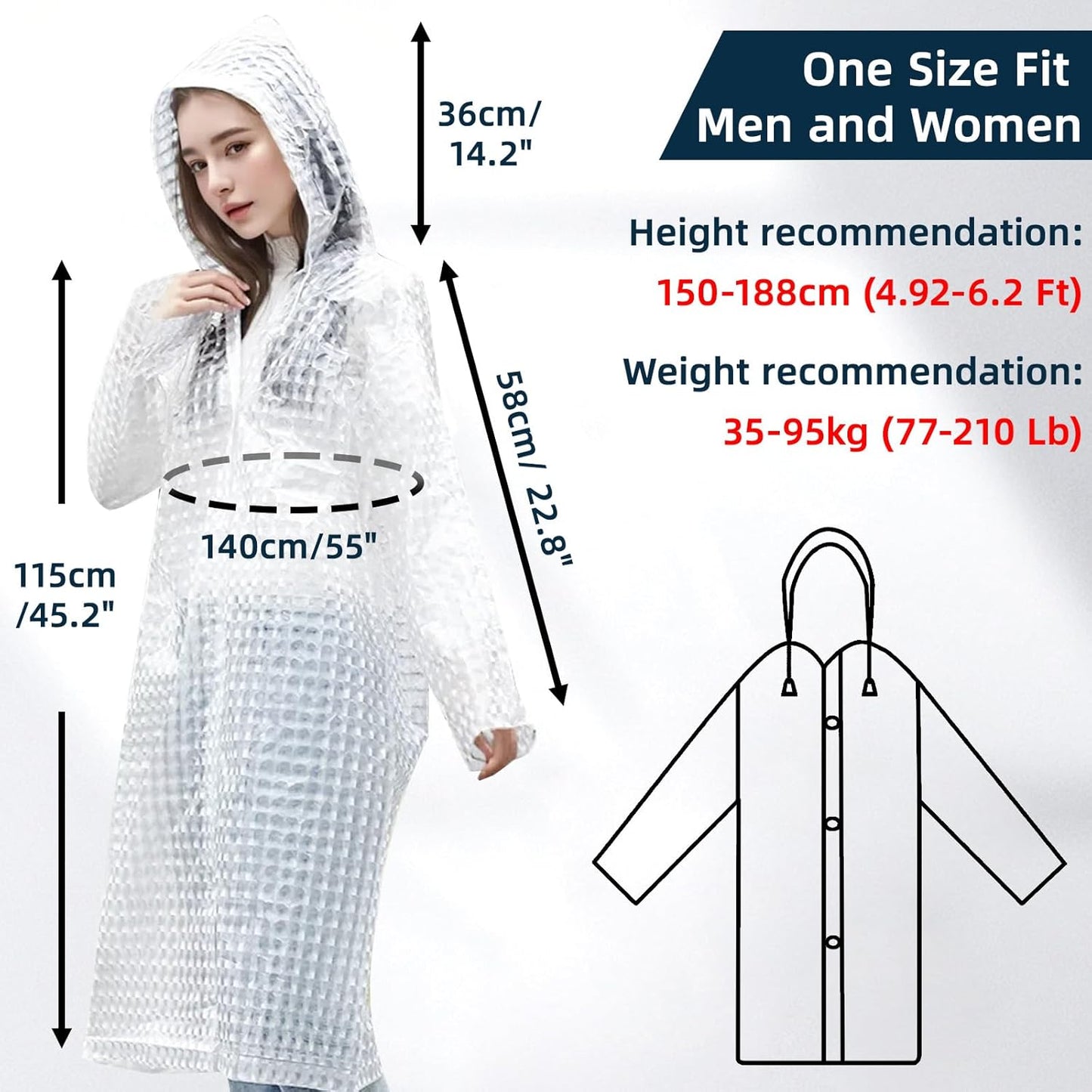Thickened EVA Rain Ponchos for Adults Reusable with Drawstring and Buttons Crystal 3 Units