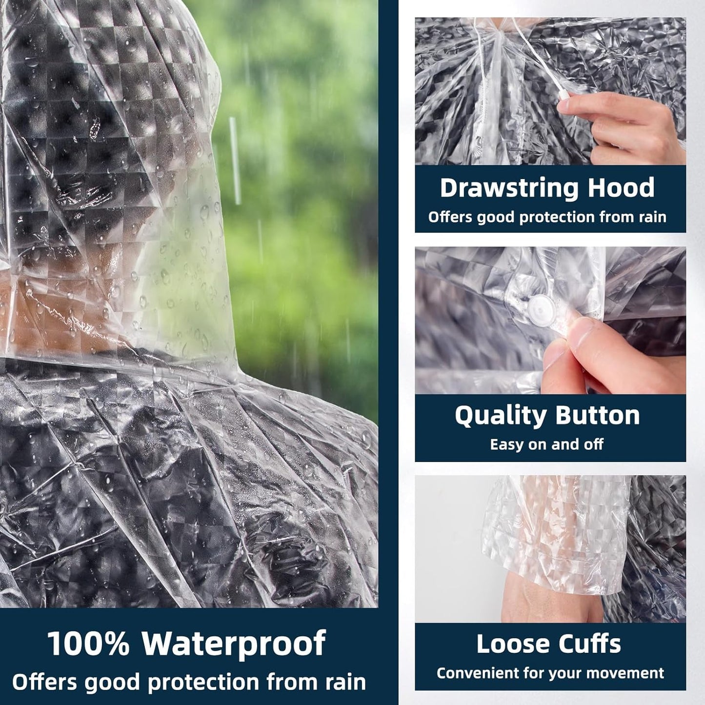 Thickened EVA Rain Ponchos for Adults Reusable with Drawstring and Buttons Crystal 3 Units