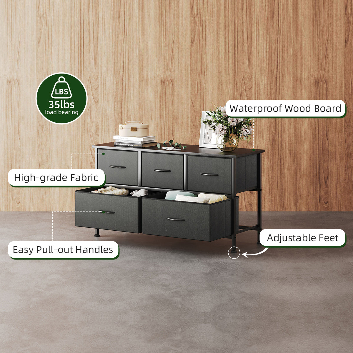 Dresser for Bedroom with 5 Drawers, Black
