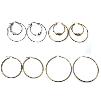 Stainless Steel 4 Pairs Hoop Earring Set: Beaded, Plain, Gold & Silver