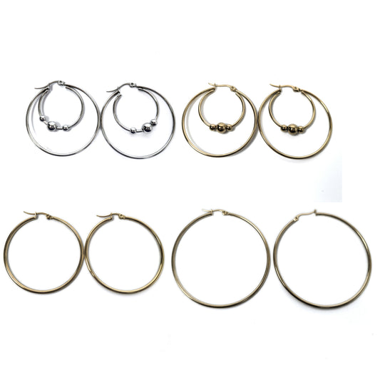 Stainless Steel 4 Pairs Hoop Earring Set: Beaded, Plain, Gold & Silver