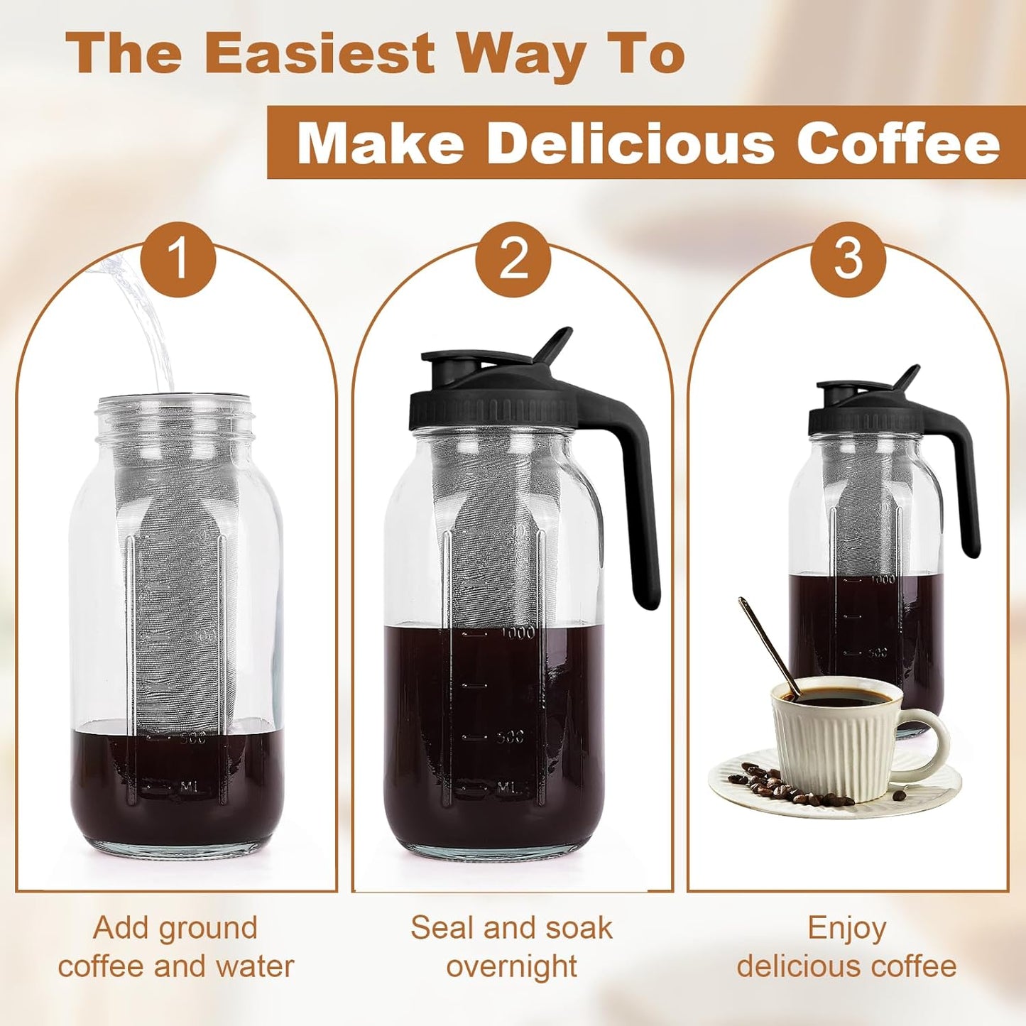 Cold Brew Coffee Maker with Stainless Steel Filter 64oz