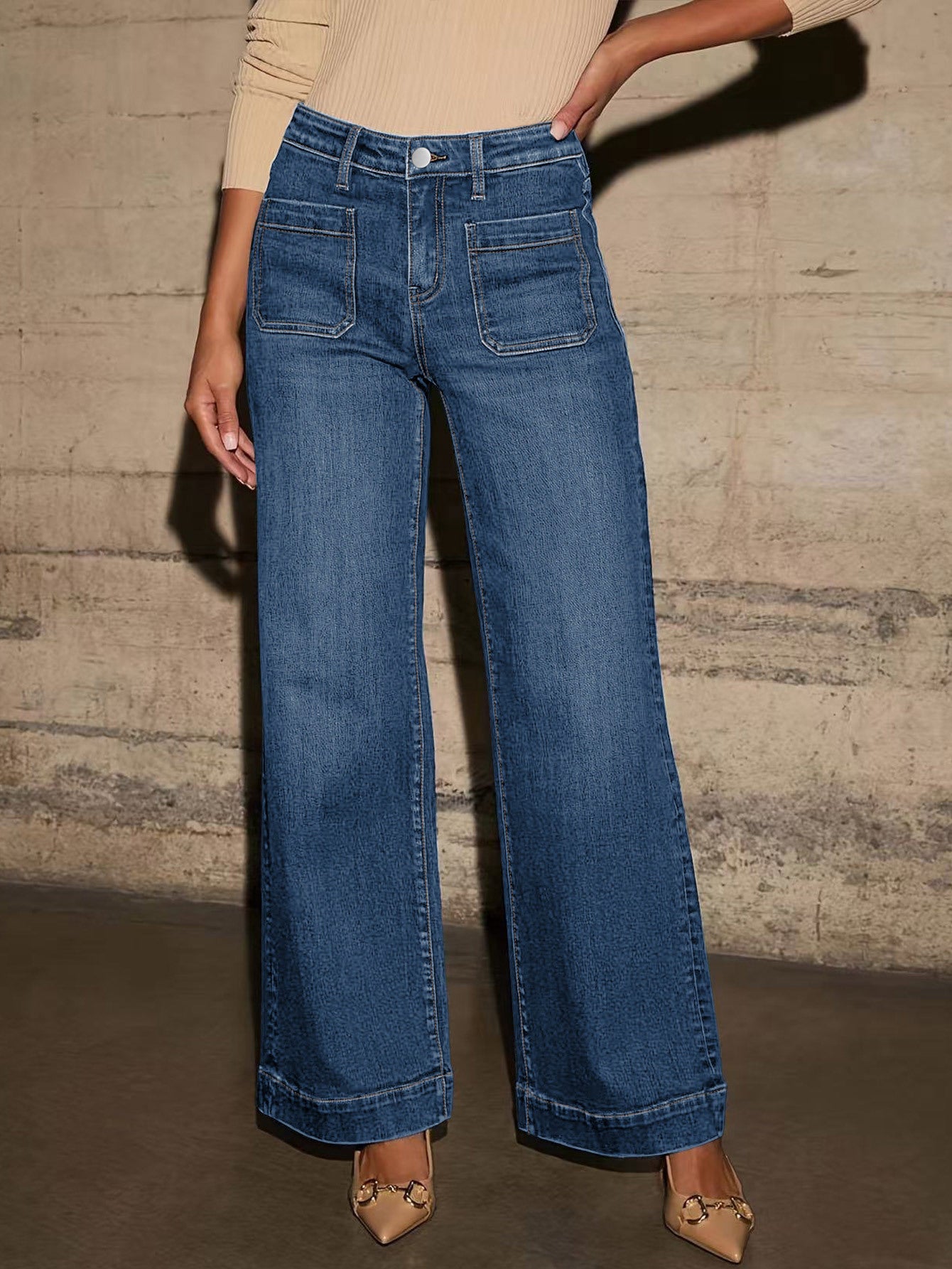 Women's Wide Leg Jeans High Waisted Straight Leg Stretchy Denim Pants, Dark Blue