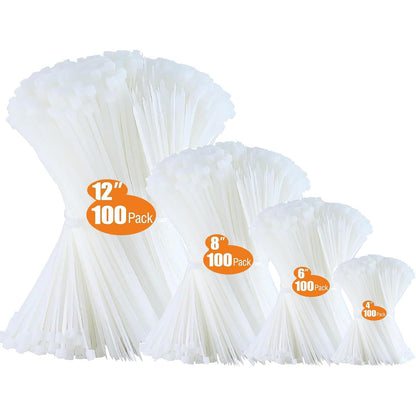 Cable Zip Ties 2 Packs / Each Pack 400 Units Assorted Sizes 12+8+6+4 Inch