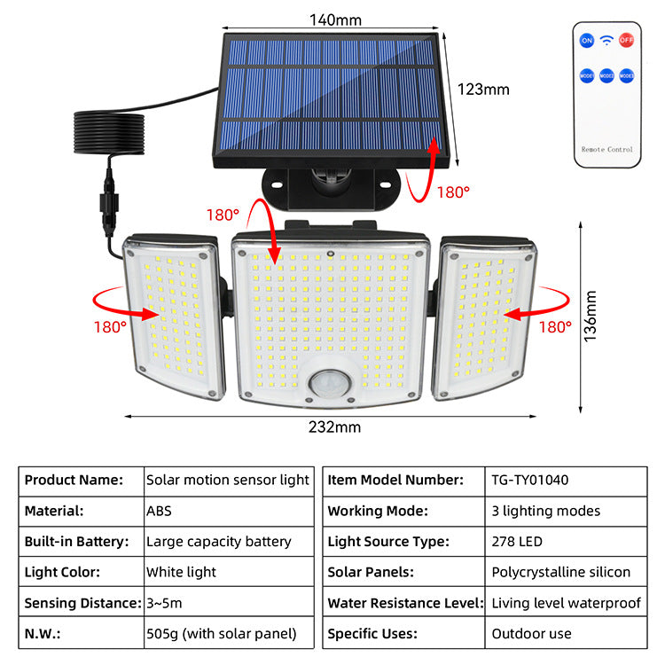 Enlarged 3 Heads Solar Lights Motion Sensor