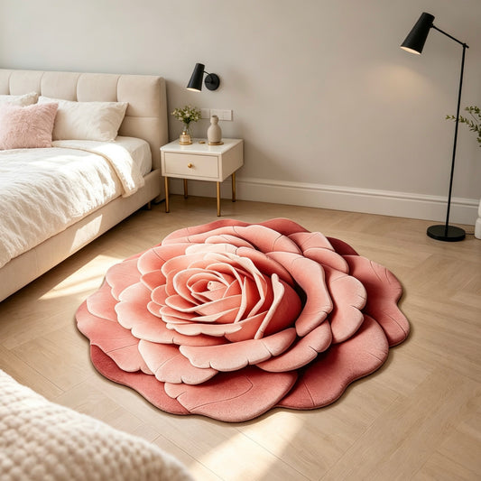 3D Rose Shaped Round Floor Mat, Decorative Floral Area Rug for Bedroom