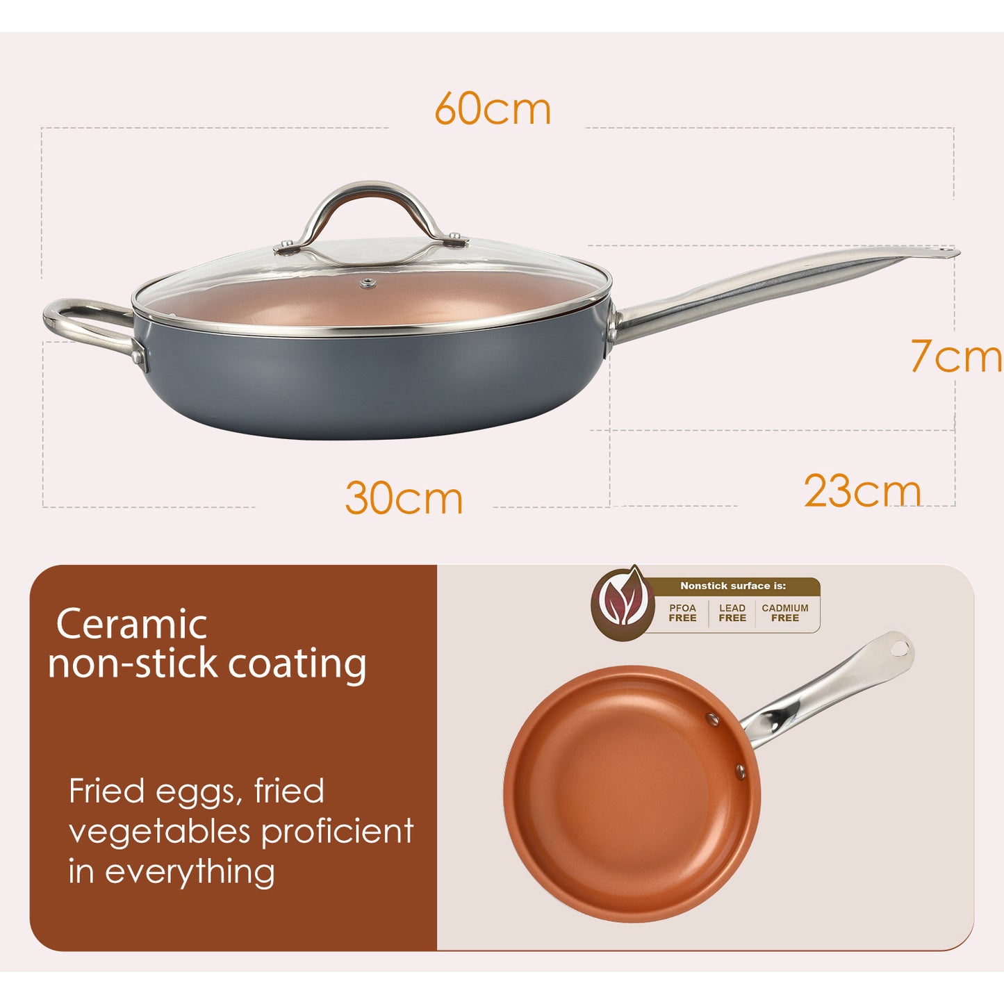 Large 12/11 inches Copper Red Pan Ceramic Skillet Aluminum Alloy Frying Pan with Lid