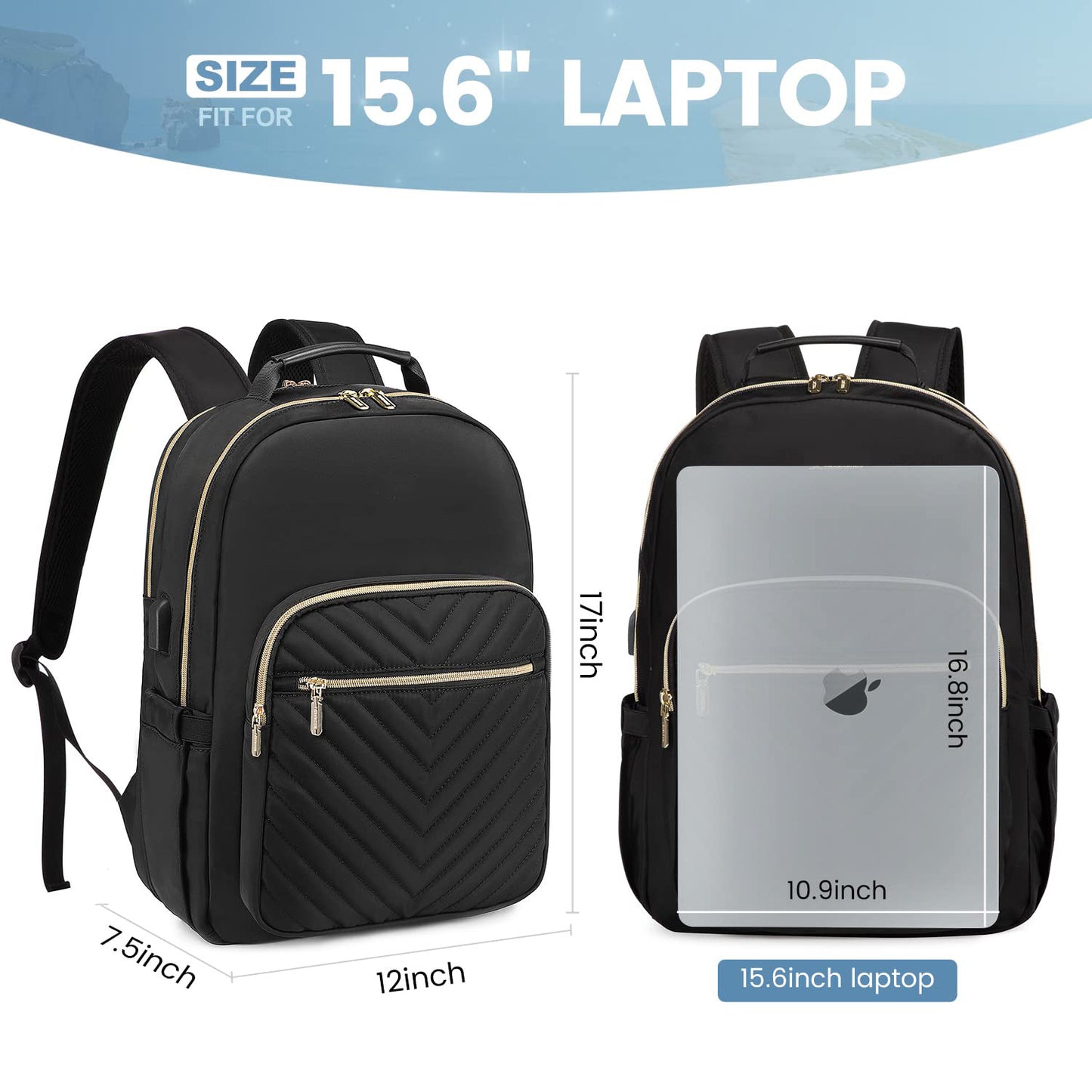 Laptop Backpack Purse for Women with USB Charging Port 17 Inch, Black