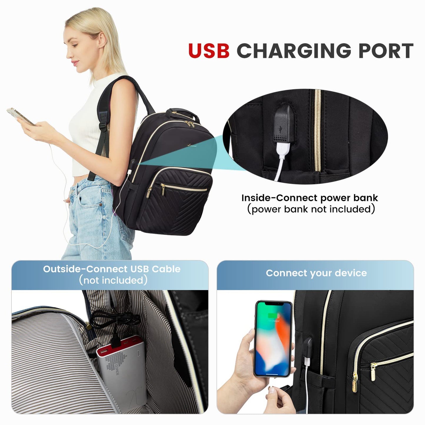 Laptop Backpack Purse for Women with USB Charging Port 17 Inch, Black