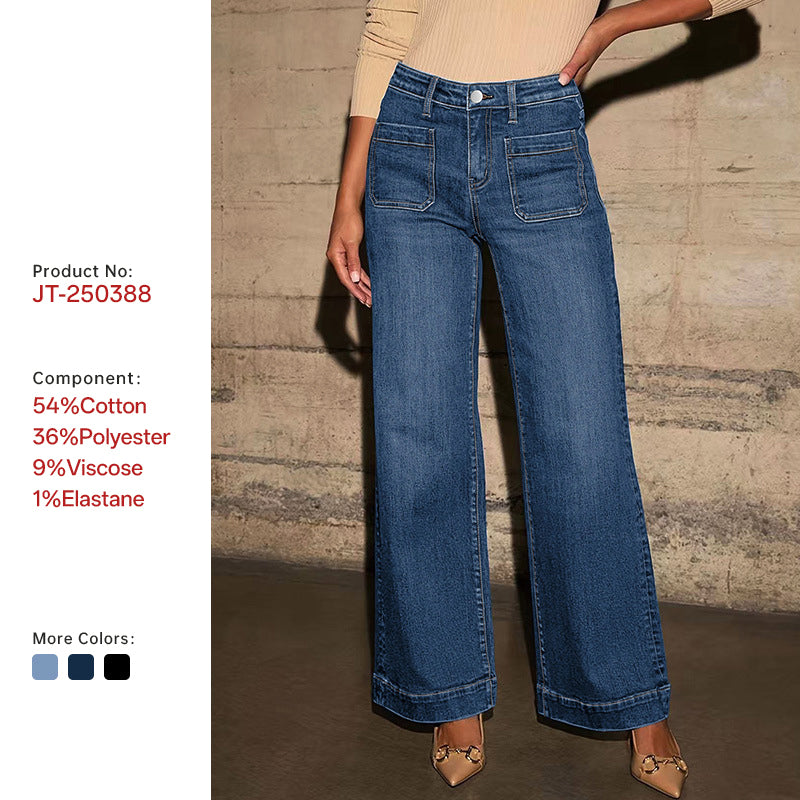 Women's Wide Leg Jeans High Waisted Straight Leg Stretchy Denim Pants, Dark Blue