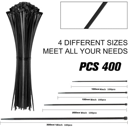 Cable Zip Ties 2 Packs / Each Pack 400 Units Assorted Sizes 12+8+6+4 Inch