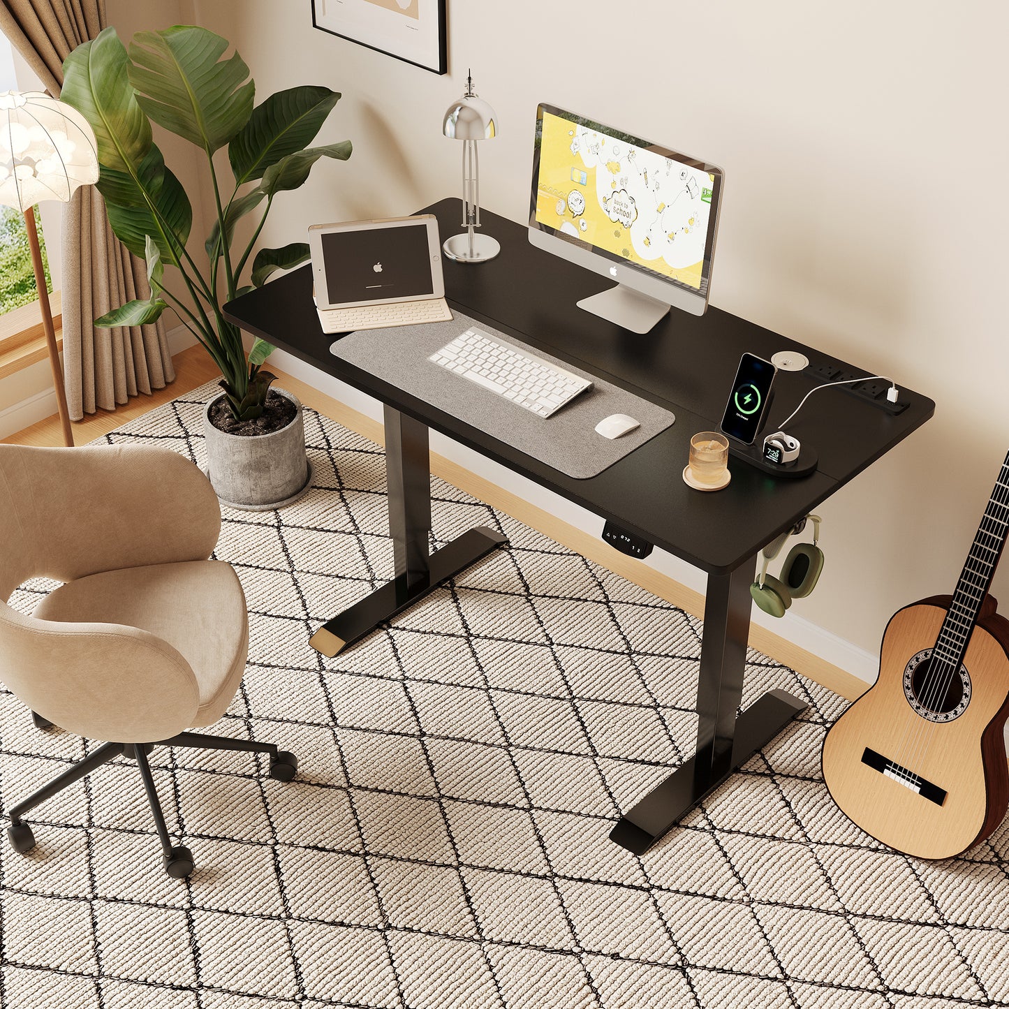 Height Adjustable Computer Desk with Power Outlets, Black