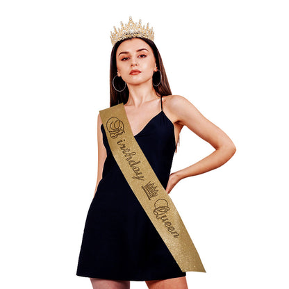 Birthday Crown with Sash for Women, Gold