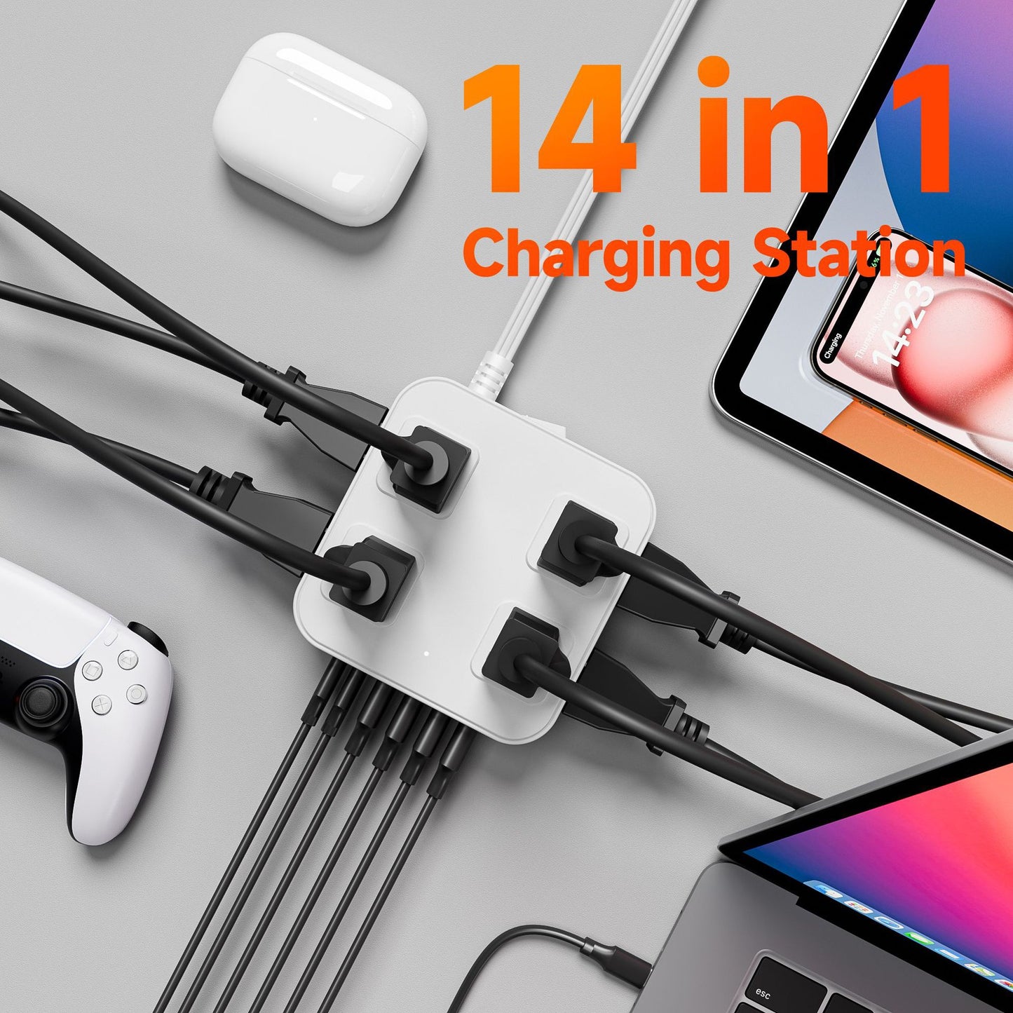14 in 1, 5ft Power Strip Surge Protector with 8 AC Outlets 6 USB Ports, White