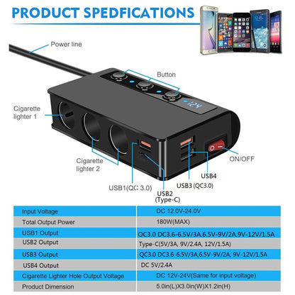 3-Socket Cigarette Lighter Adapter with PD+3.0QC