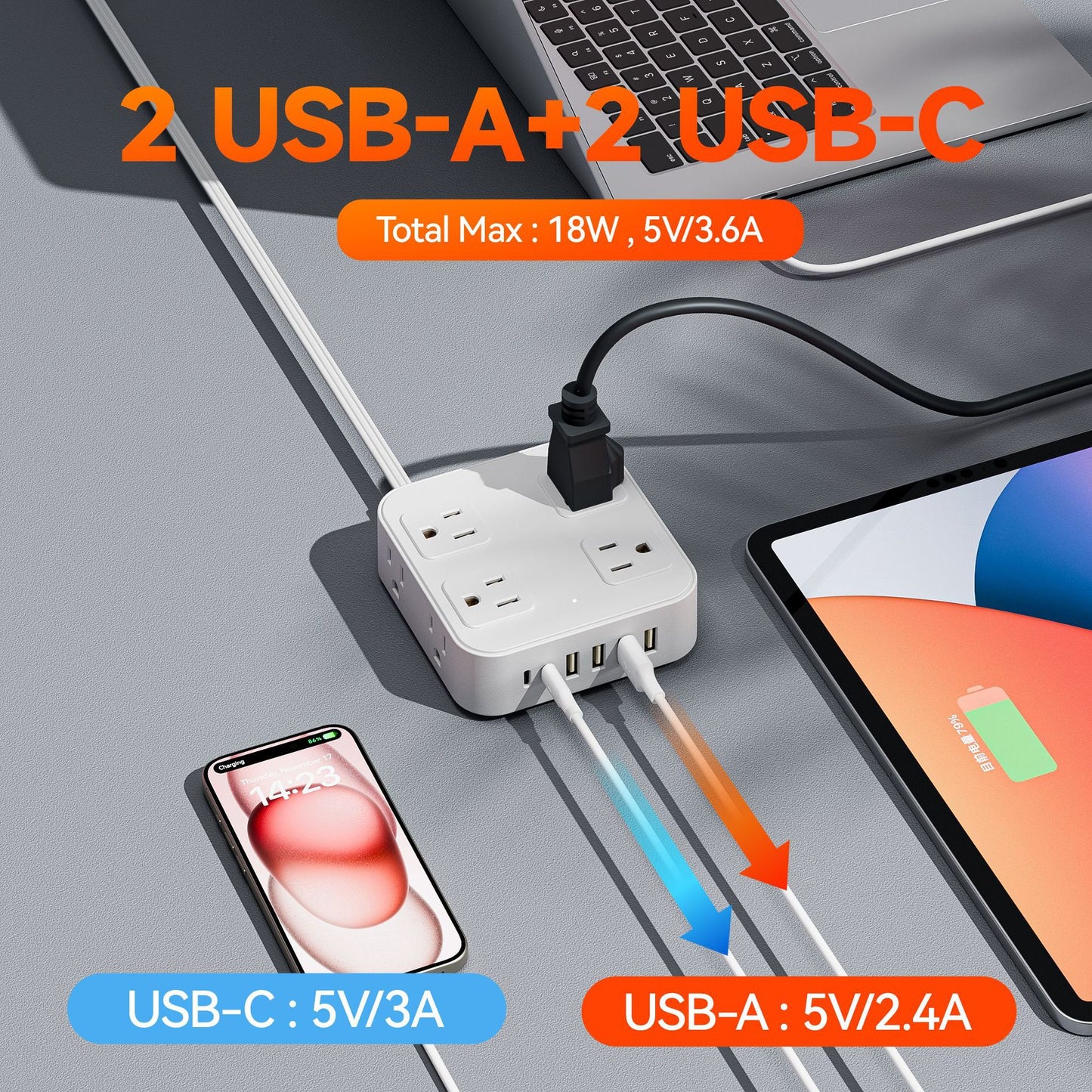 14 in 1, 5ft Power Strip Surge Protector with 8 AC Outlets 6 USB Ports, White