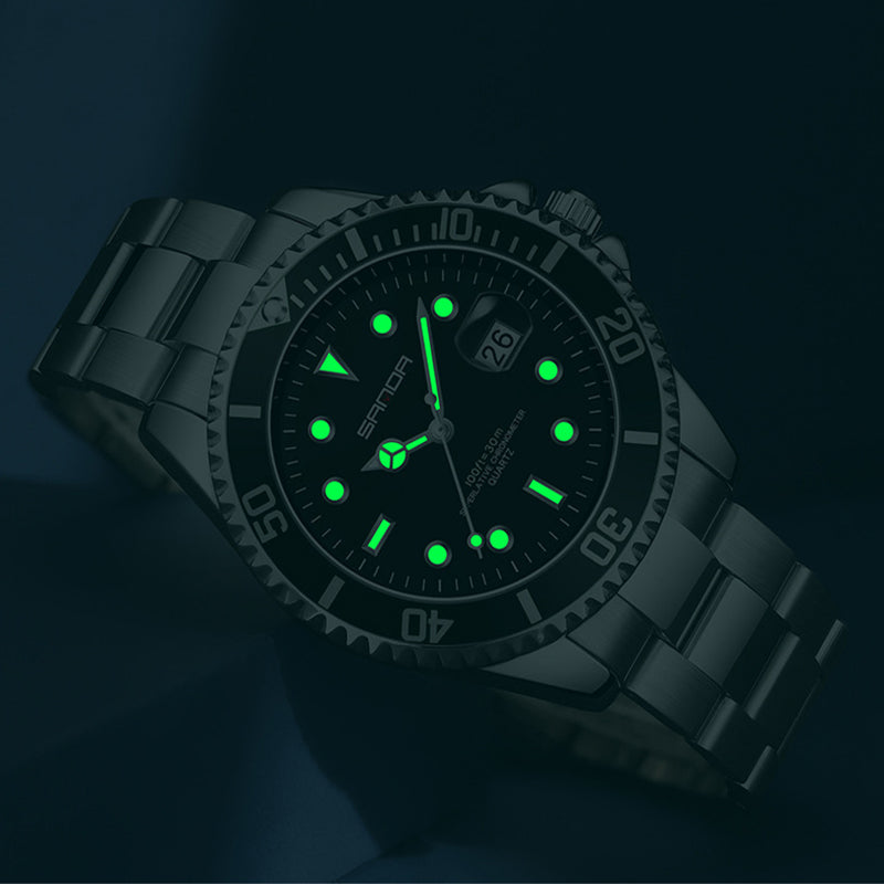 Men Luminous Watch Stainless Steel Band Waterproof Analog Quartz Watches, Black