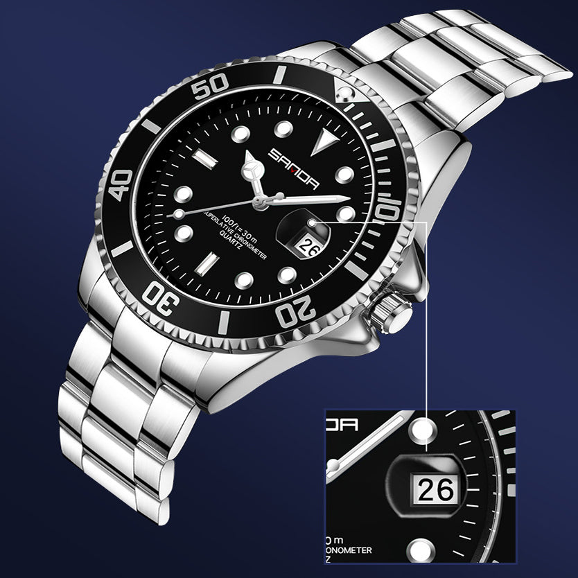 Men Luminous Watch Stainless Steel Band Waterproof Analog Quartz Watches, Black