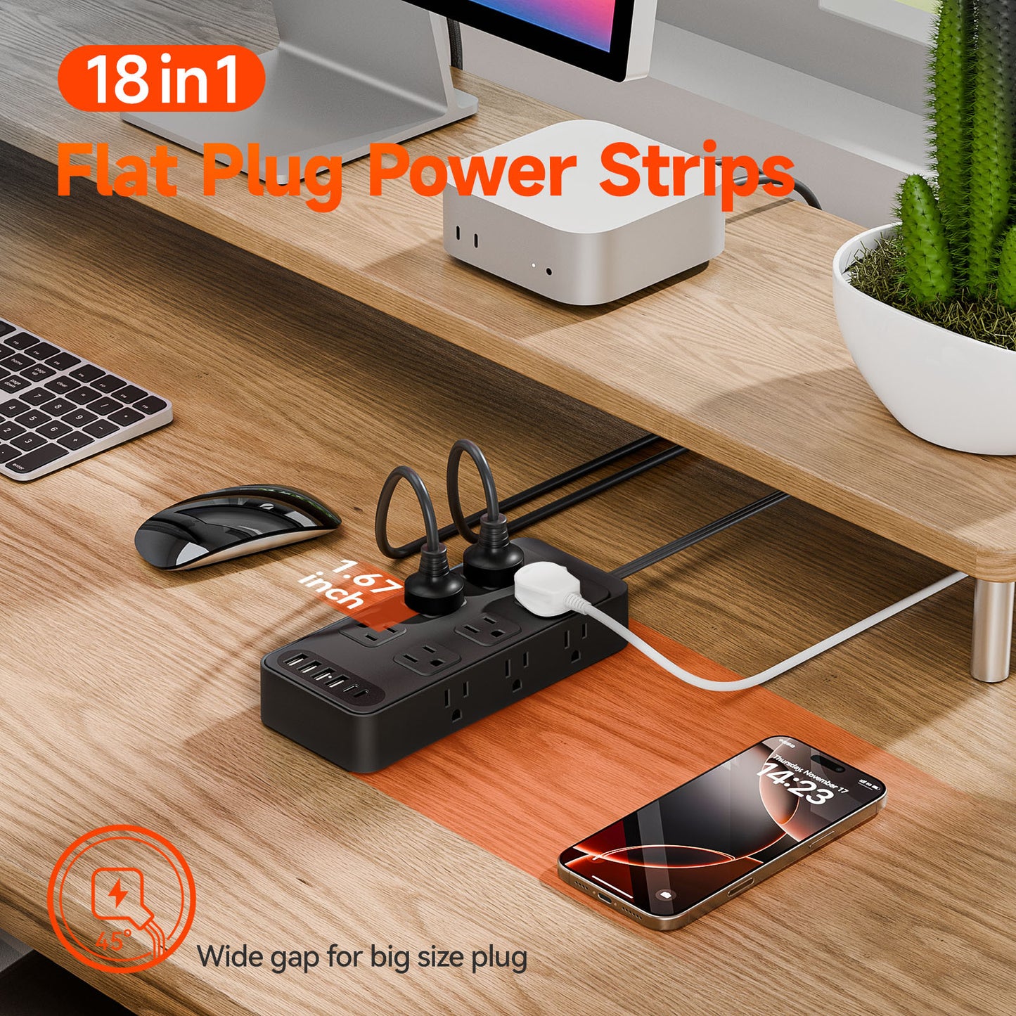 5ft Power Strip Surge Protector with 12 AC Outlets 6 USB Ports, Black