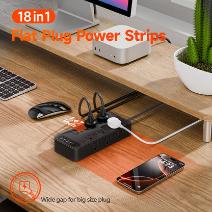 5ft Power Strip Surge Protector with 12 AC Outlets 6 USB Ports, Black