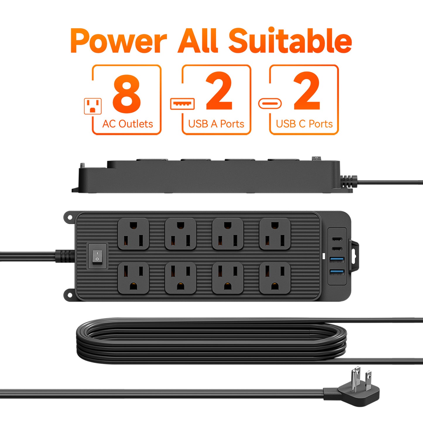 10ft Power Strip Surge Protector with 8 AC Outlets 4 USB Ports, Black