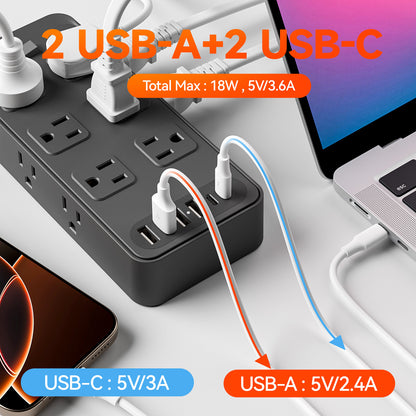 5ft Power Strip Surge Protector with 12 AC Outlets 6 USB Ports, Black