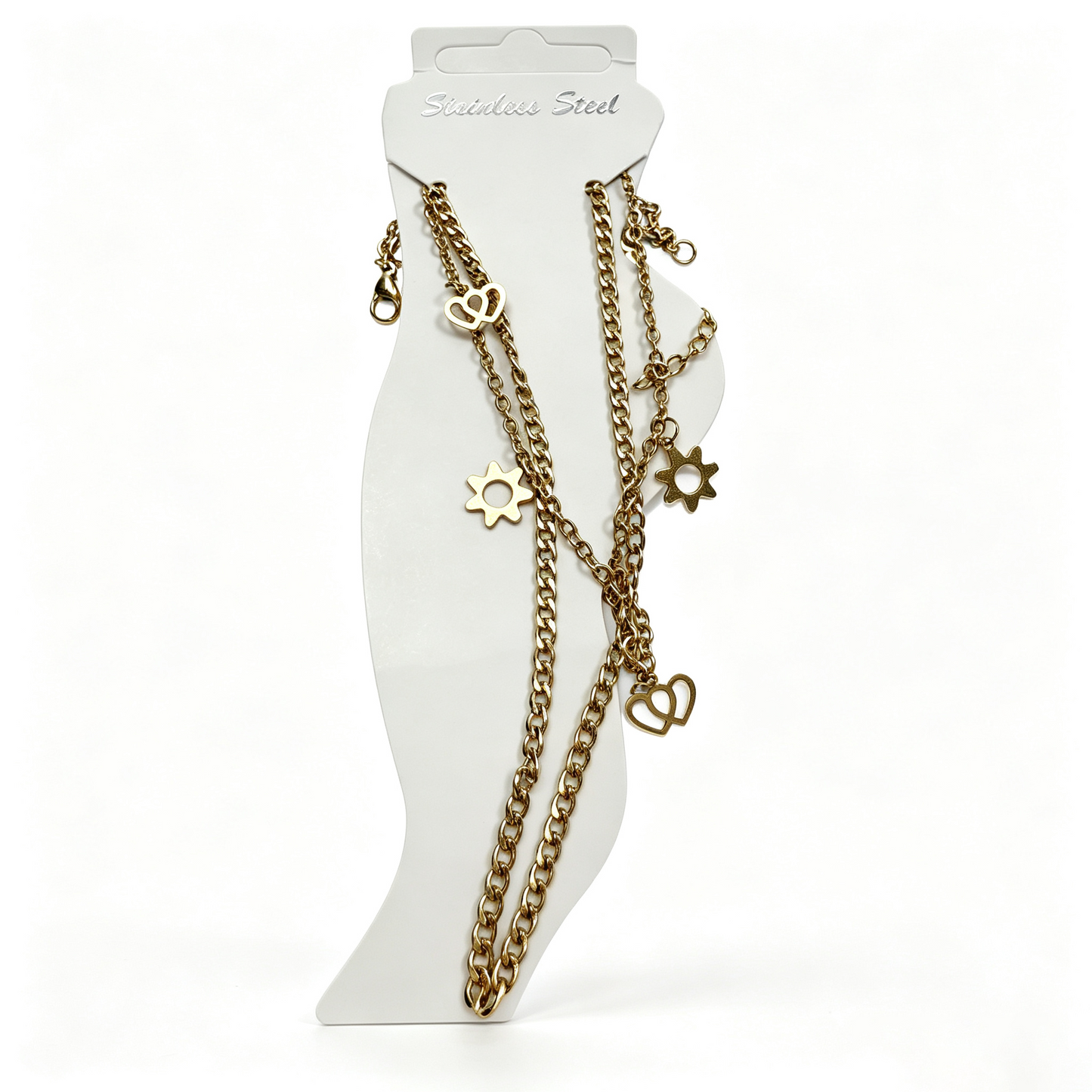 Double Heart & Sun Charm Anklet Gold‑Tone Stainless Steel for Women