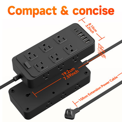 5ft Power Strip Surge Protector with 12 AC Outlets 6 USB Ports, Black