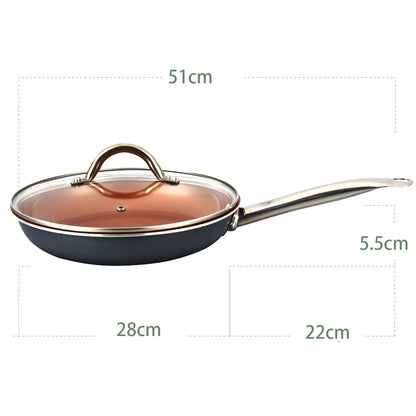 Large 12/11 inches Copper Red Pan Ceramic Skillet Aluminum Alloy Frying Pan with Lid