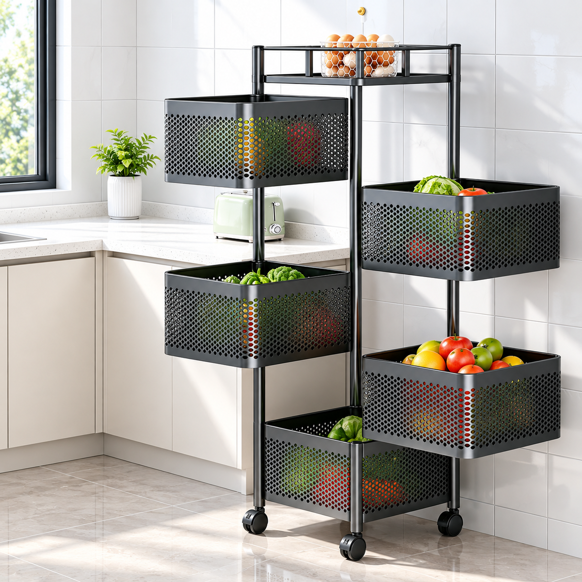 5-Tier 360° Rotating Kitchen Storage Rack, Rolling Carbon Steel Vegetable Fruit Organizer Cart with Wheels