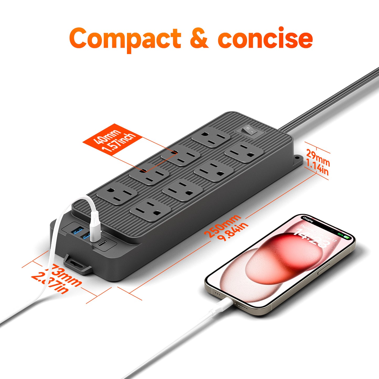 10ft Power Strip Surge Protector with 8 AC Outlets 4 USB Ports, Black