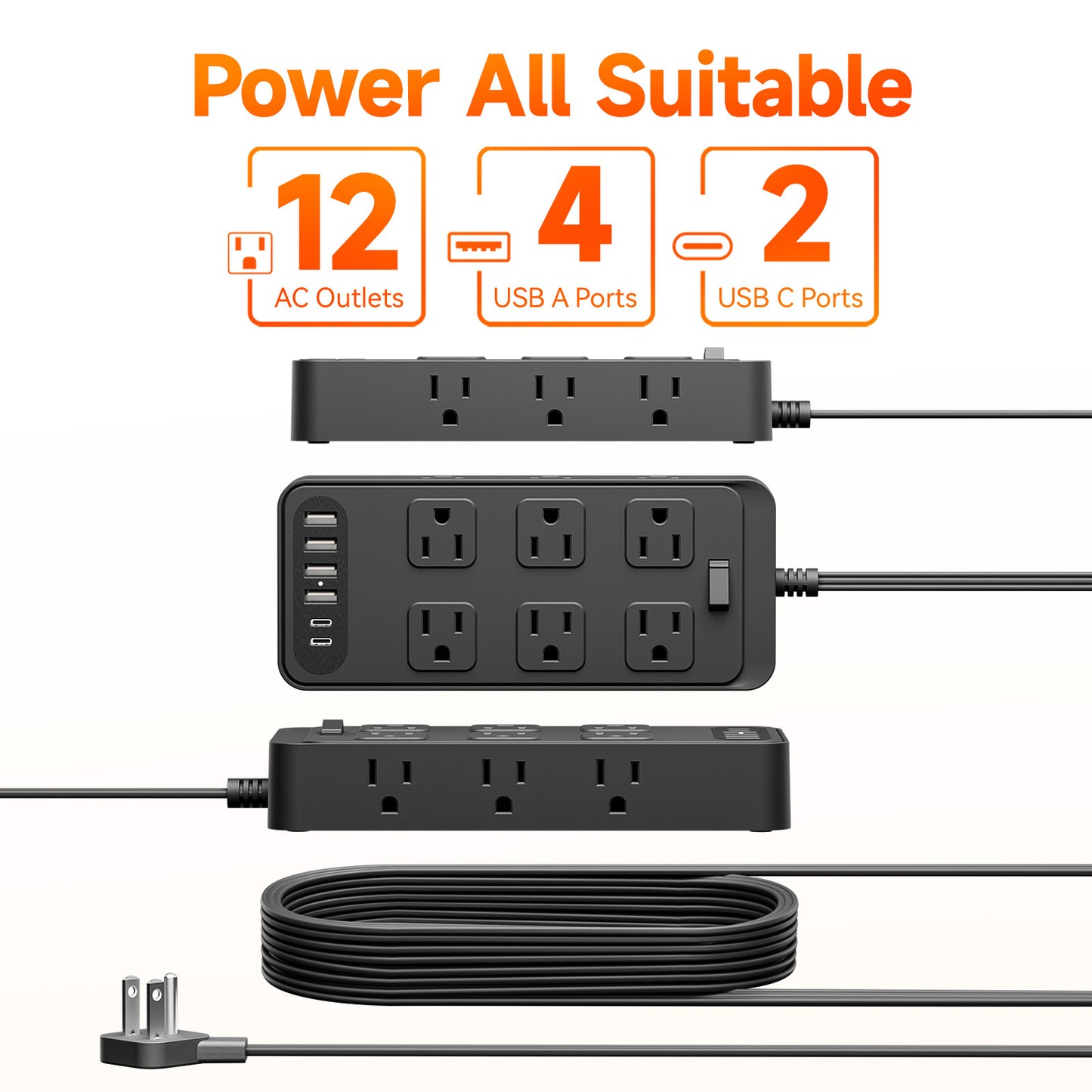 5ft Power Strip Surge Protector with 12 AC Outlets 6 USB Ports, Black