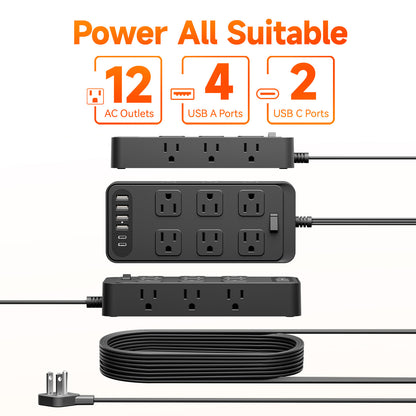 5ft Power Strip Surge Protector with 12 AC Outlets 6 USB Ports, Black