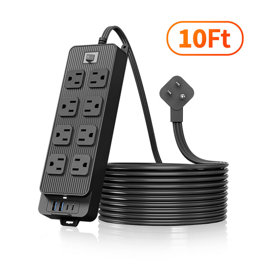 10ft Power Strip Surge Protector with 8 AC Outlets 4 USB Ports, Black