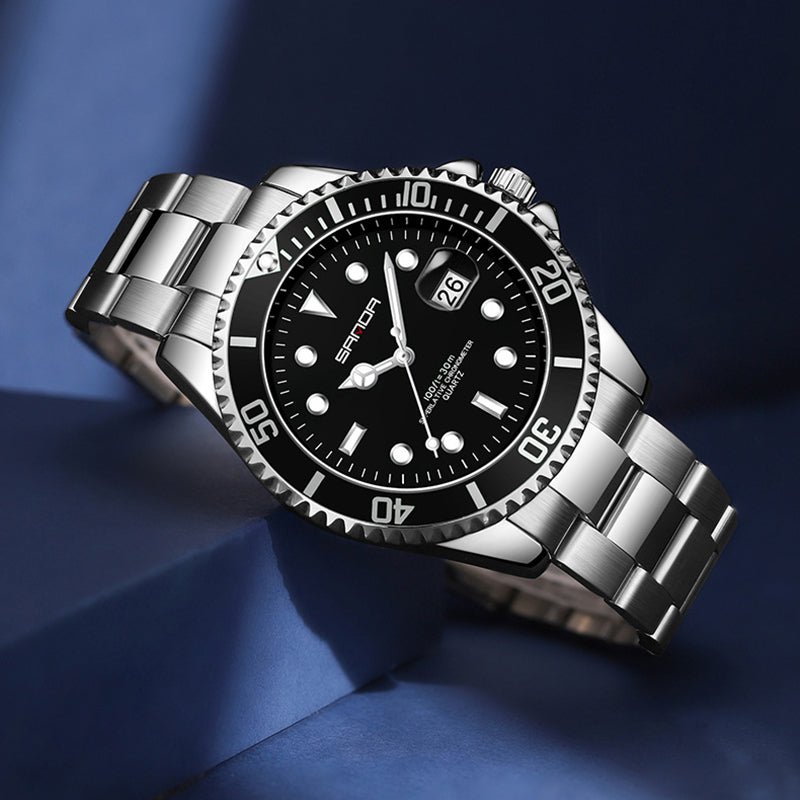Men Luminous Watch Stainless Steel Band Waterproof Analog Quartz Watches, Black