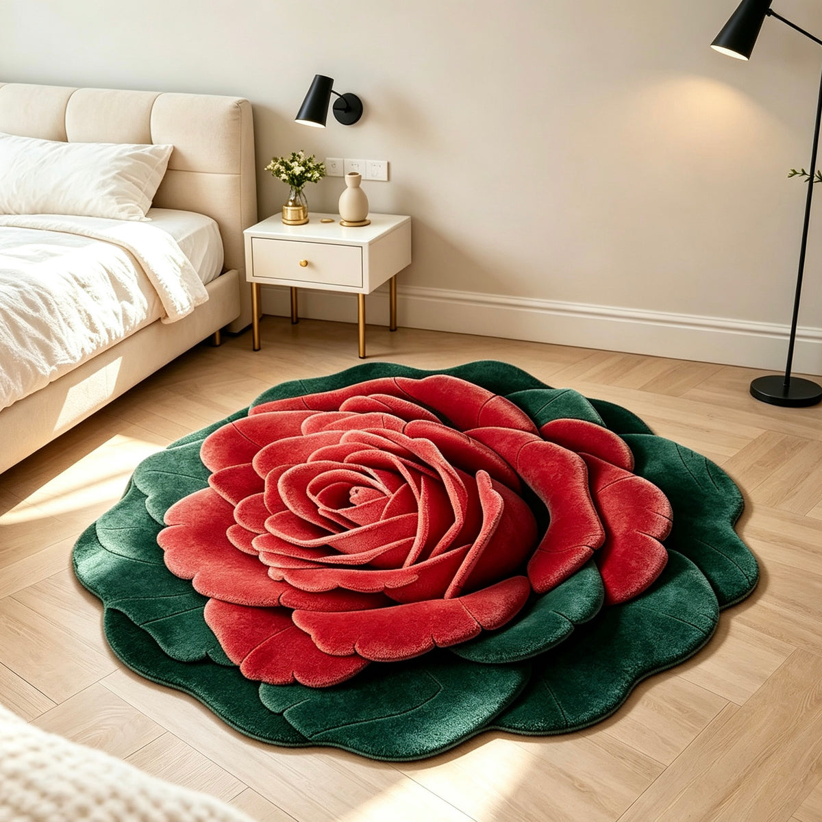 3D Rose Shaped Round Floor Mat, Decorative Floral Area Rug for Bedroom