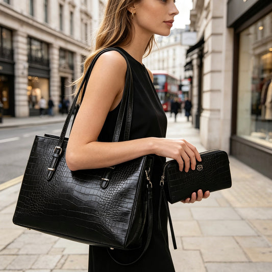 Crocodile Embossed Large Tote Bag 2Pcs Set, Women Handbag & Long Wallet, Detachable Crossbody Strap