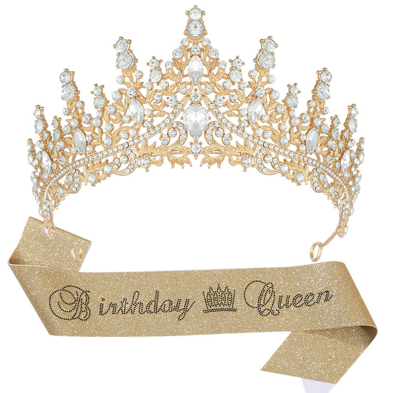 Birthday Crown with Sash for Women, Gold