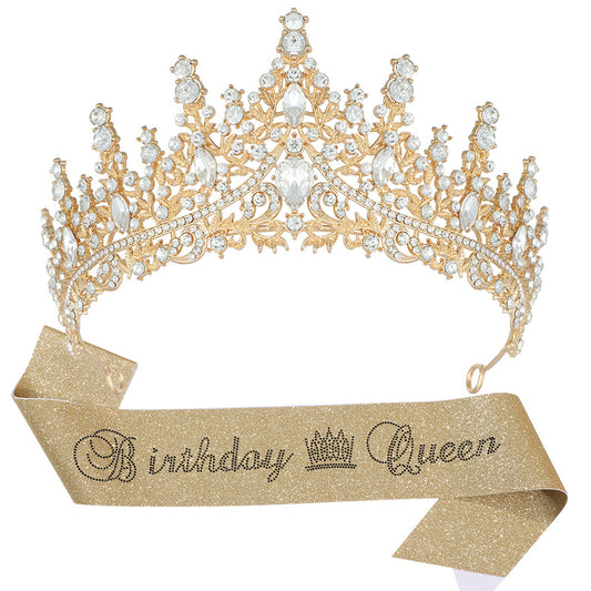 Birthday Crown with Sash for Women, Gold