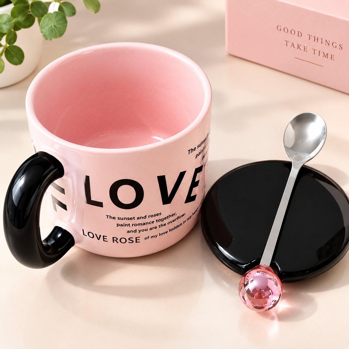 LOVE ROSE Pink Ceramic Mug with Lid & Spoon – Romantic Coffee Cup